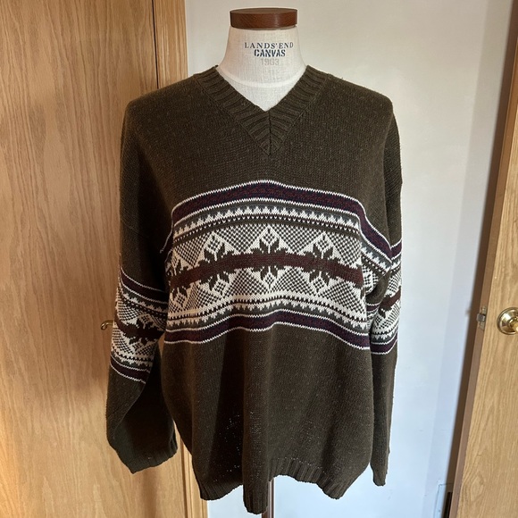 Country Seat Olive Green Fall Autumn Patterned V-Neck Cotton Blended Sweater A16 - Picture 1 of 9